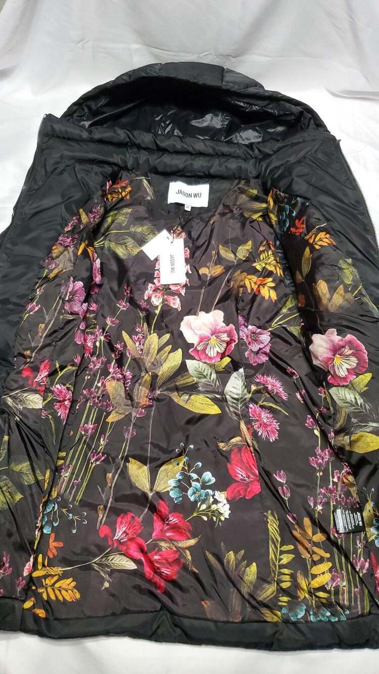 NWT Jason Wu Black Hooded A-Line Puffer Coat with Floral Lining, Size XS